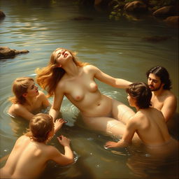 A classic academic painting inspired by the style of William-Adolphe Bouguereau, depicting Diana bathing in a serene river surrounded by nymphs