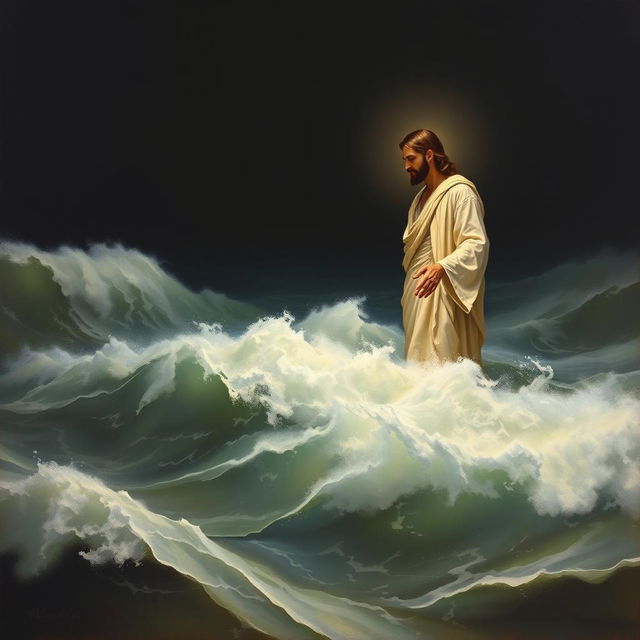 An elegant painting of Jesus Christ standing in the turbulent waters of the ocean, gazing intently at us, inviting us to come to him