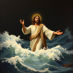 An elegant painting of Jesus Christ standing in the turbulent waters of the ocean, gazing intently at us, inviting us to come to him