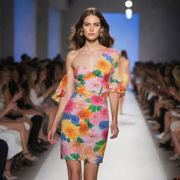 A stylish and bustling fashion show catwalk in the United States showcasing a variety of vibrant and flowery fashion styles.