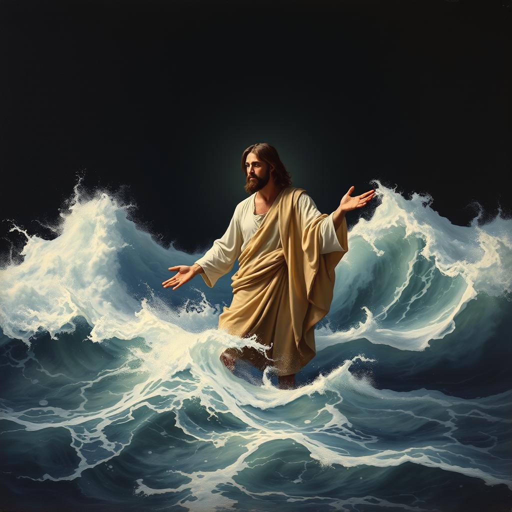 An elegant painting of Jesus Christ standing in the turbulent waters of the ocean, gazing intently at us, inviting us to come to him