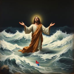 An elegant painting of Jesus Christ standing in the turbulent waters of the ocean, gazing intently at us, inviting us to come to him