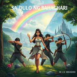 In a captivating scene set in a lush forest, one courageous woman and two valiant men are depicted with a sense of bravery and determination