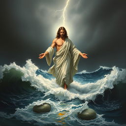 An elegant painting of Jesus Christ standing in the turbulent waters of the ocean, with lightning striking in the background