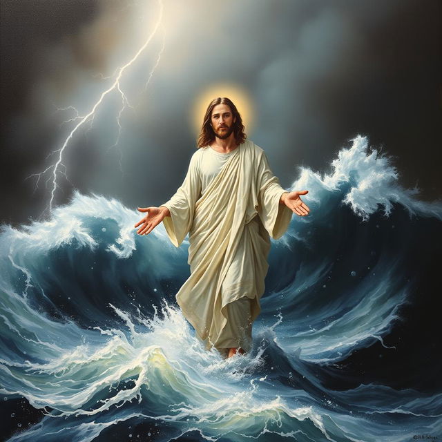 An elegant painting of Jesus Christ standing in the turbulent waters of the ocean, with lightning striking in the background