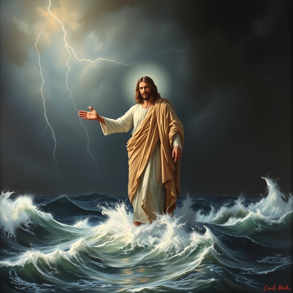 An elegant painting of Jesus Christ standing in the turbulent waters of the ocean, with lightning striking in the background