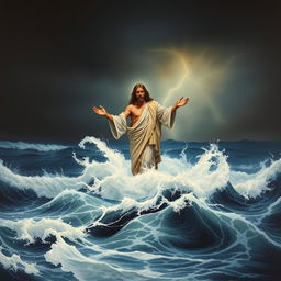 An elegant painting of Jesus Christ standing in the turbulent waters of the ocean, with lightning striking in the background