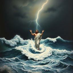 An elegant painting of Jesus Christ standing in the turbulent waters of the ocean, with lightning illuminating the dark sky above