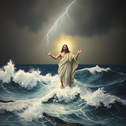 An elegant painting of Jesus Christ standing in the turbulent waters of the ocean, with lightning illuminating the dark sky above