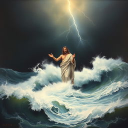 An elegant painting of Jesus Christ standing in the turbulent waters of the ocean, with lightning illuminating the dark sky above