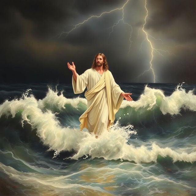 An elegant painting of Jesus Christ standing in the turbulent waters of the ocean, with lightning illuminating the dark sky above