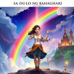 In a magical scene, a courageous woman stands at the center, holding up her exquisite necklace with a radiant pendant that emits a warm, mystical light