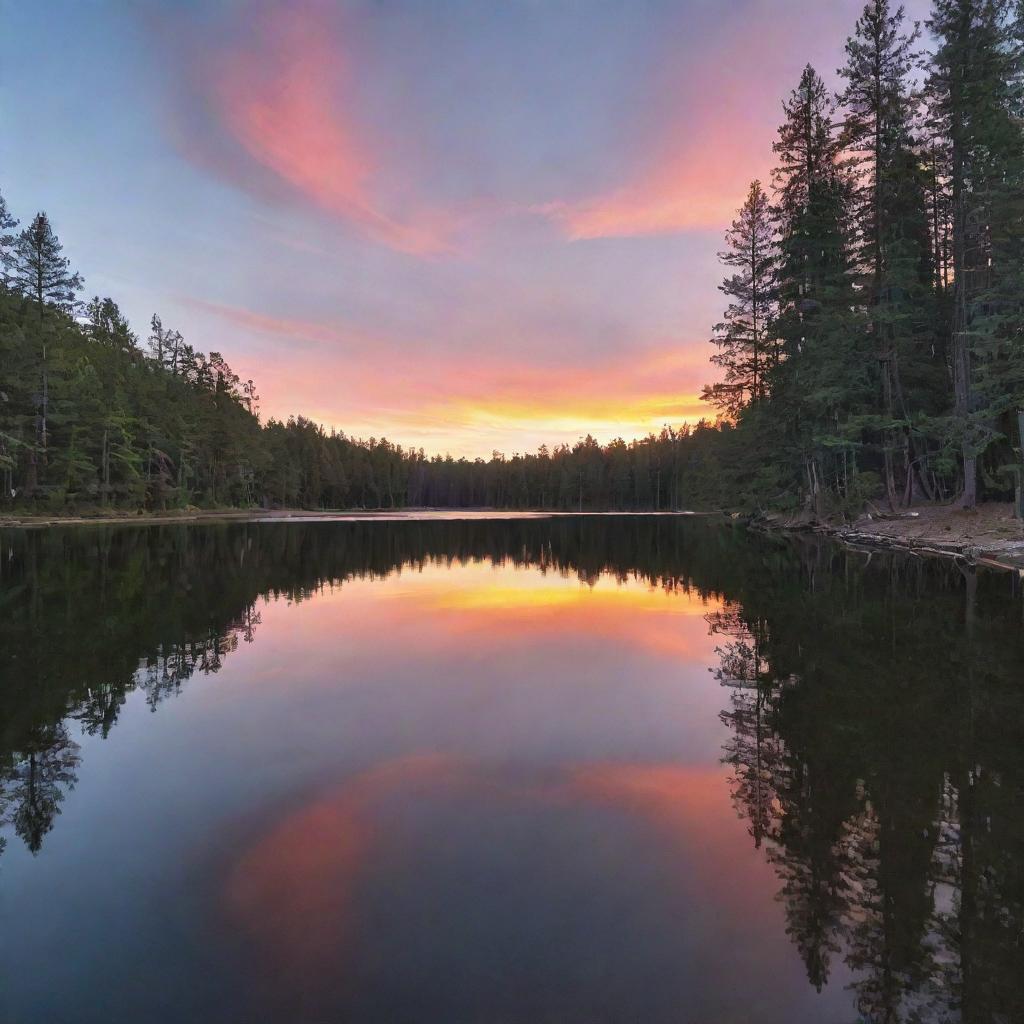 A breathtaking sunset at the edge of a calm, tranquil lake surrounded by towering pine trees.