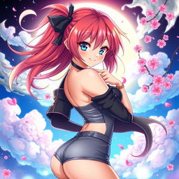 A striking anime girl with vibrant, flowing hair, adorned in a stylish, alluring outfit that accentuates her curves