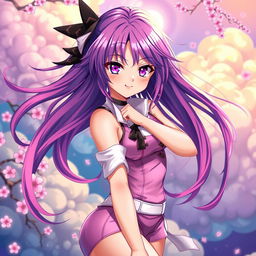 A striking anime girl with vibrant, flowing hair, adorned in a stylish, alluring outfit that accentuates her curves