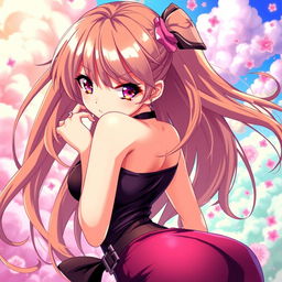 A striking anime girl with vibrant, flowing hair, adorned in a stylish, alluring outfit that accentuates her curves