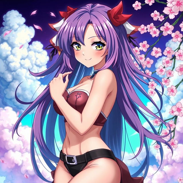 A striking anime girl with vibrant, flowing hair, adorned in a stylish, alluring outfit that accentuates her curves