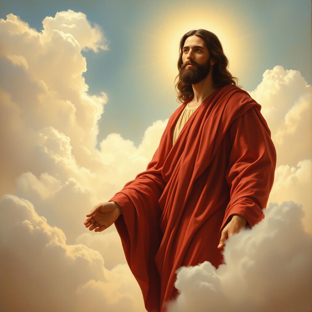 A realistic painting of Jesus Christ standing in the clouds of heaven, adorned in a flowing red tunic that drapes elegantly around him