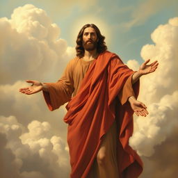 A realistic painting of Jesus Christ standing in the clouds of heaven, adorned in a flowing red tunic that drapes elegantly around him