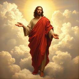 A realistic painting of Jesus Christ standing in the clouds of heaven, adorned in a flowing red tunic that drapes elegantly around him