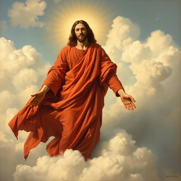 A realistic painting of Jesus Christ standing in the clouds of heaven, adorned in a flowing red tunic that drapes elegantly around him