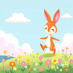 A whimsical and colorful illustration of a playful, cartoon-like landscape, featuring a cute, anthropomorphic animal character, such as a rabbit or fox, playfully prancing around a vibrant meadow filled with flowers under a bright blue sky