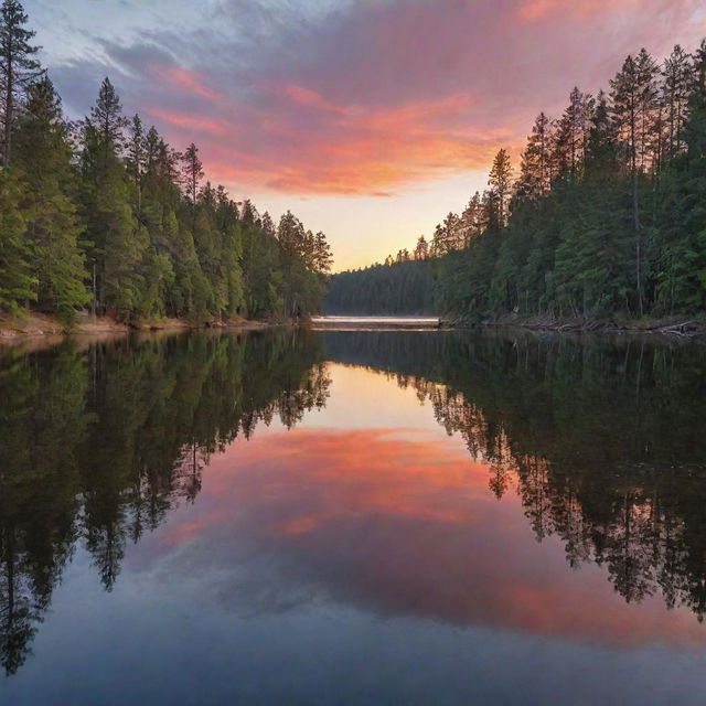 A breathtaking sunset at the edge of a calm, tranquil lake surrounded by towering pine trees.