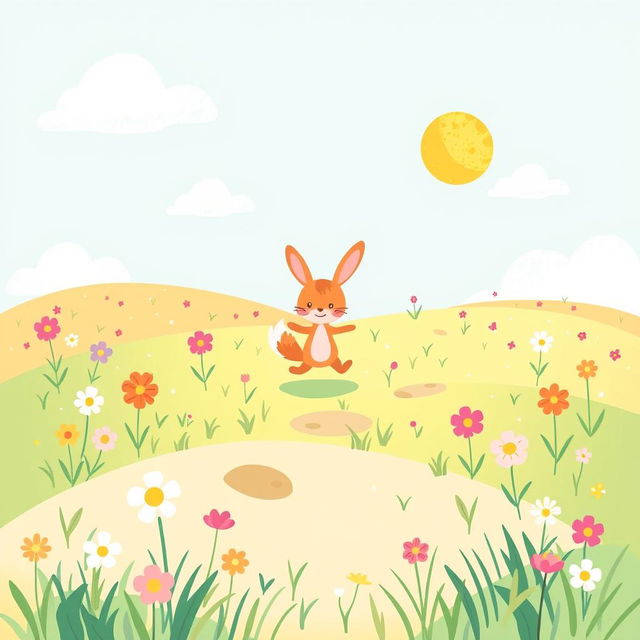 A whimsical and colorful illustration of a playful, cartoon-like landscape, featuring a cute, anthropomorphic animal character, such as a rabbit or fox, playfully prancing around a vibrant meadow filled with flowers under a bright blue sky