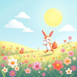 A whimsical and colorful illustration of a playful, cartoon-like landscape, featuring a cute, anthropomorphic animal character, such as a rabbit or fox, playfully prancing around a vibrant meadow filled with flowers under a bright blue sky