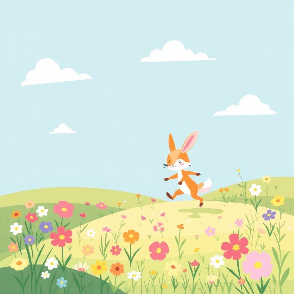 A whimsical and colorful illustration of a playful, cartoon-like landscape, featuring a cute, anthropomorphic animal character, such as a rabbit or fox, playfully prancing around a vibrant meadow filled with flowers under a bright blue sky