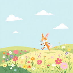 A whimsical and colorful illustration of a playful, cartoon-like landscape, featuring a cute, anthropomorphic animal character, such as a rabbit or fox, playfully prancing around a vibrant meadow filled with flowers under a bright blue sky