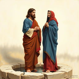 A realistic painting of Jesus Christ standing at the edge of a well, draped in a flowing blue and red tunic, engaging in conversation with the Samaritan woman