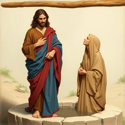 A realistic painting of Jesus Christ standing at the edge of a well, draped in a flowing blue and red tunic, engaging in conversation with the Samaritan woman