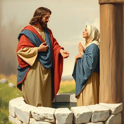 A realistic painting of Jesus Christ standing at the edge of a well, draped in a flowing blue and red tunic, engaging in conversation with the Samaritan woman