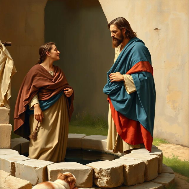 A realistic painting of Jesus Christ standing at the edge of a well, draped in a flowing blue and red tunic, engaging in conversation with the Samaritan woman