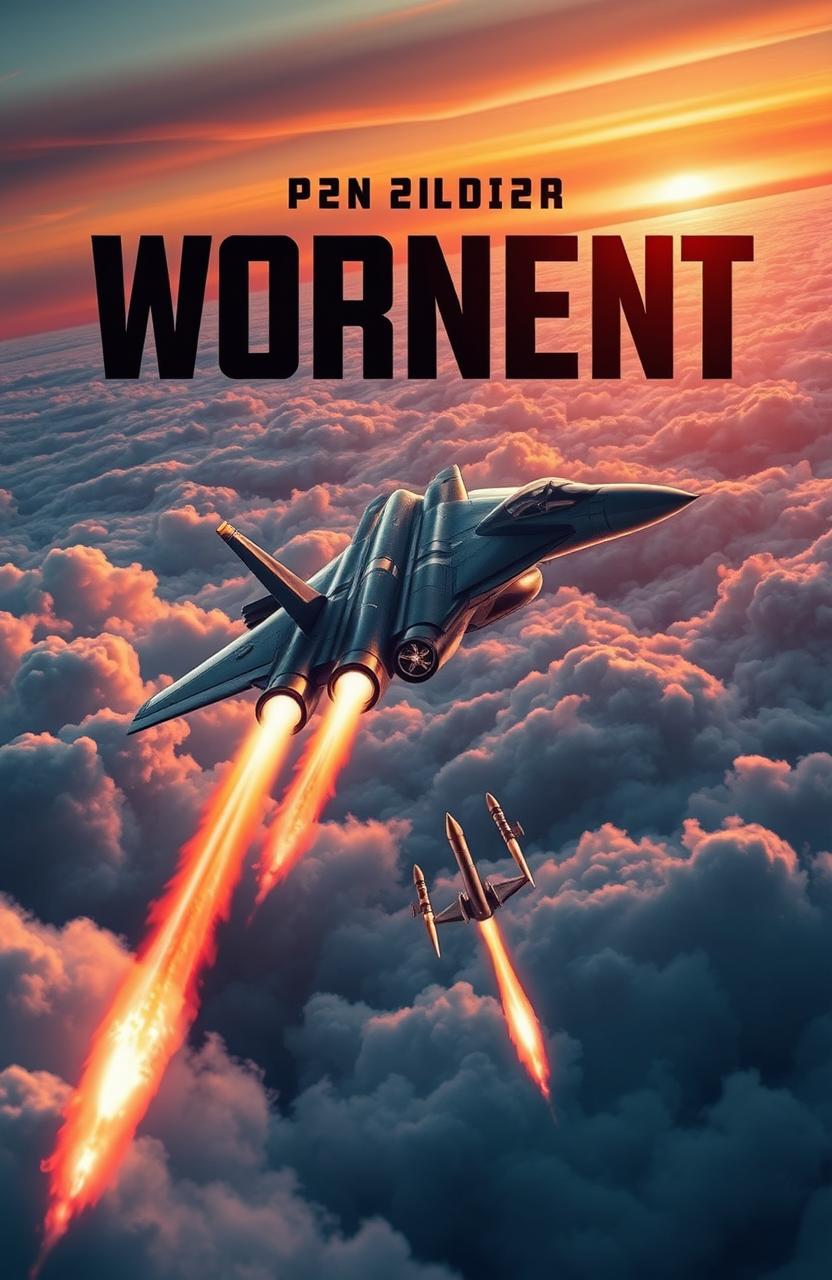 A striking book cover design featuring a high-tech fighter jet soaring through a dramatic sky filled with clouds