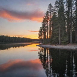 A breathtaking sunset at the edge of a calm, tranquil lake surrounded by towering pine trees.