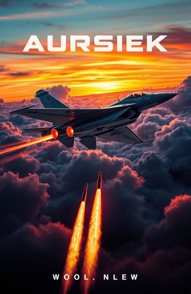 A striking book cover design featuring a high-tech fighter jet soaring through a dramatic sky filled with clouds