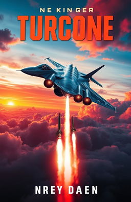 A striking book cover design featuring a high-tech fighter jet soaring through a dramatic sky filled with clouds