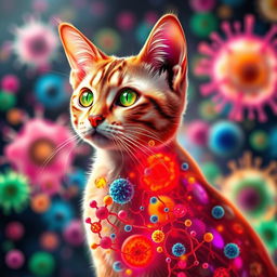 A surreal depiction of a cat with its fur seamlessly blending into a colorful, transparent cell membrane