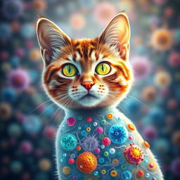 A surreal depiction of a cat with its fur seamlessly blending into a colorful, transparent cell membrane