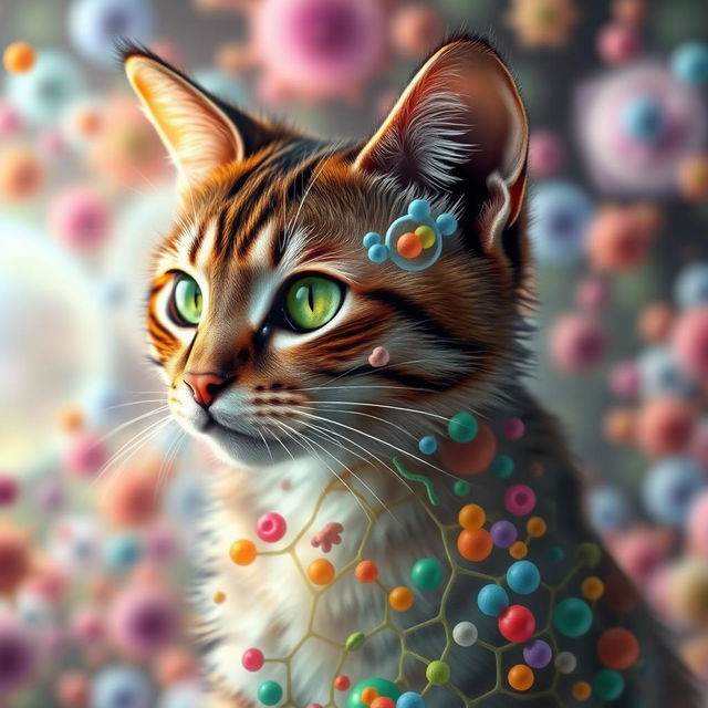 A surreal depiction of a cat with its fur seamlessly blending into a colorful, transparent cell membrane