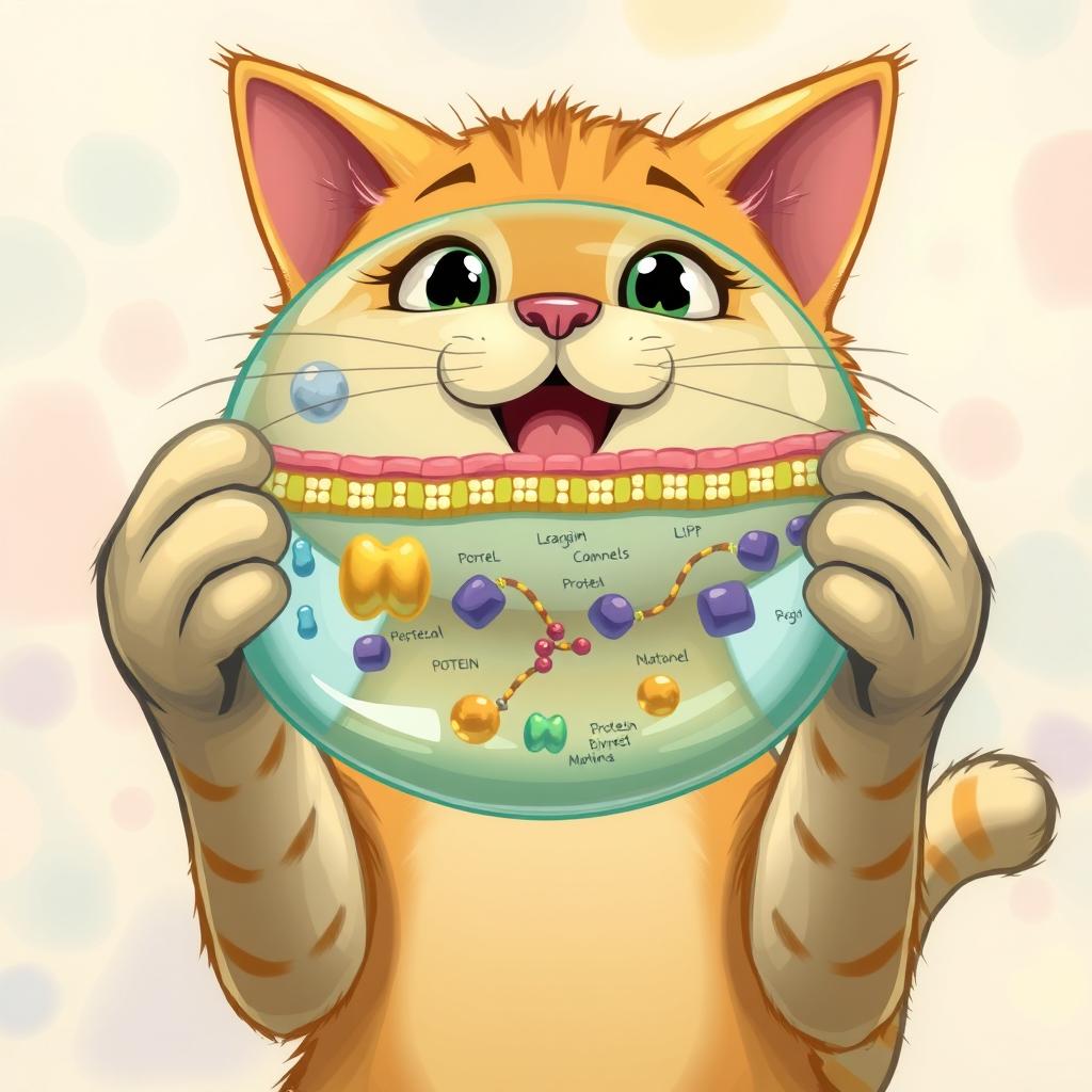 A whimsical illustration of a cat using its paws to hold up a large, transparent cell membrane