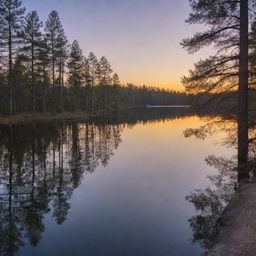 A breathtaking sunset at the edge of a calm, tranquil lake surrounded by towering pine trees.