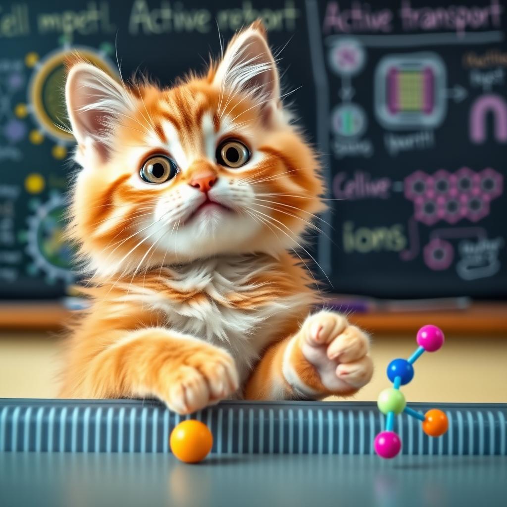 A cute cat with big expressive eyes demonstrating the active transport of a cell membrane using its paws in a playful manner