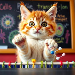 A cute cat with big expressive eyes demonstrating the active transport of a cell membrane using its paws in a playful manner