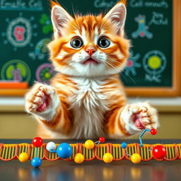 A cute cat with big expressive eyes demonstrating the active transport of a cell membrane using its paws in a playful manner