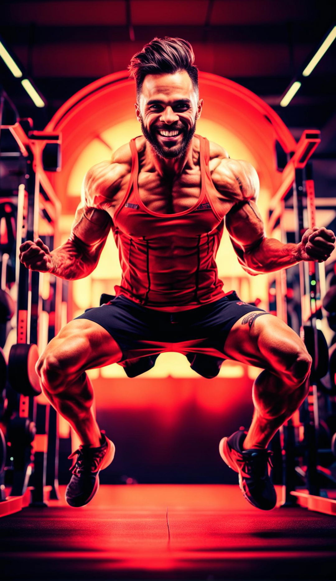 A dynamic fitness instructor performing a jump squat in a modern gym setting for a YouTube workout video thumbnail. Bold white text on the left reads 'Ultimate Workout' and 'Get Fit in 30 Days'. An inset picture on the right shows the instructor giving a thumbs-up sign.