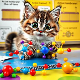 A cute cat animatedly illustrating the concept of active transport in a cell membrane