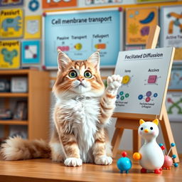 An adorable cat with large, sparkling eyes, enthusiastically teaching about the different types of cell membrane transport